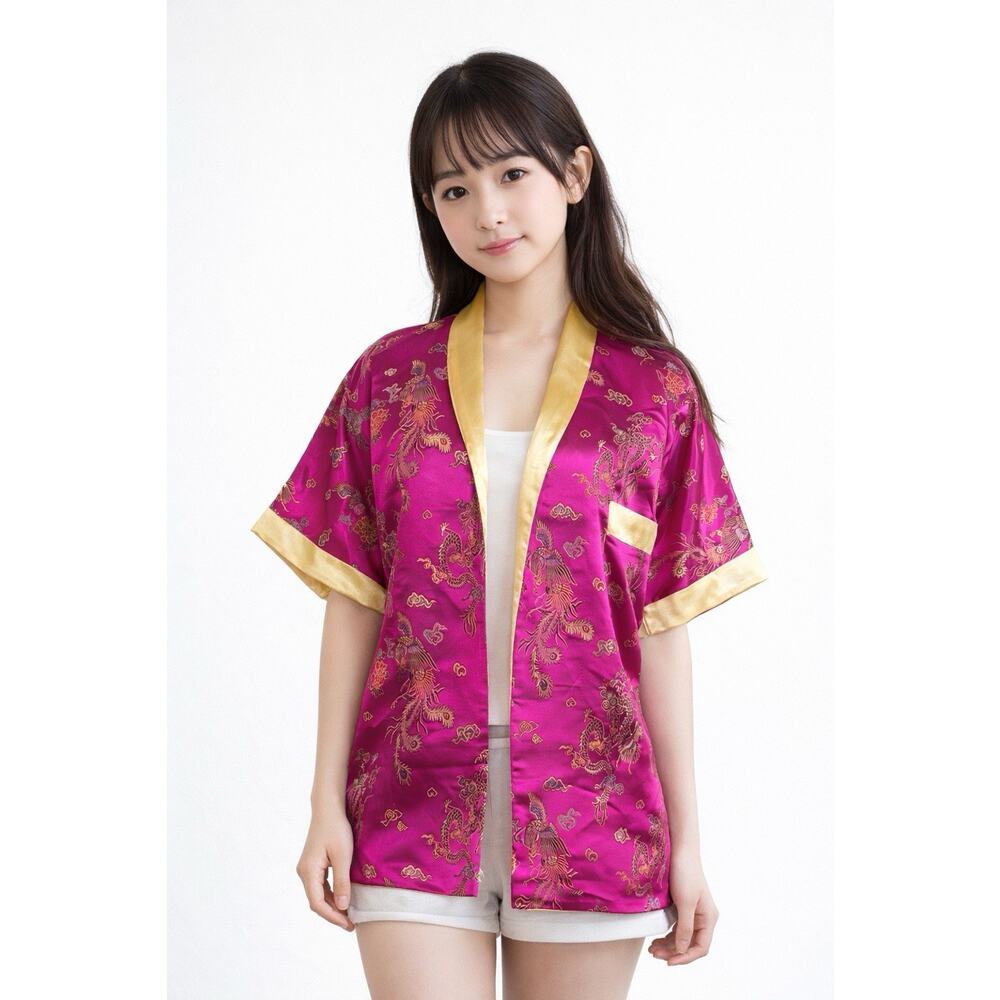 VINTAGE Solz Squirrel Chinese Pink Satin Embroidered Robe Dragon Pheonix Kids 12